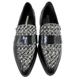 Zara Tweed Loafers Black 6‎ Vegan Patent Leather Pointed Toe Mixed Fabric Shoes